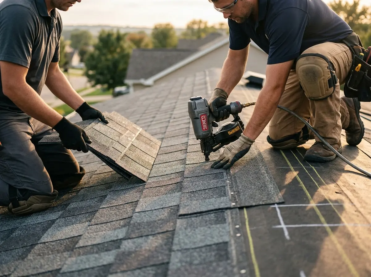 Professional roofer working on a residential roof in Kathleen
